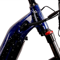 Close-up of a blue Cysum NOVA Step-Thru Electric Bike - UK frame with a white background