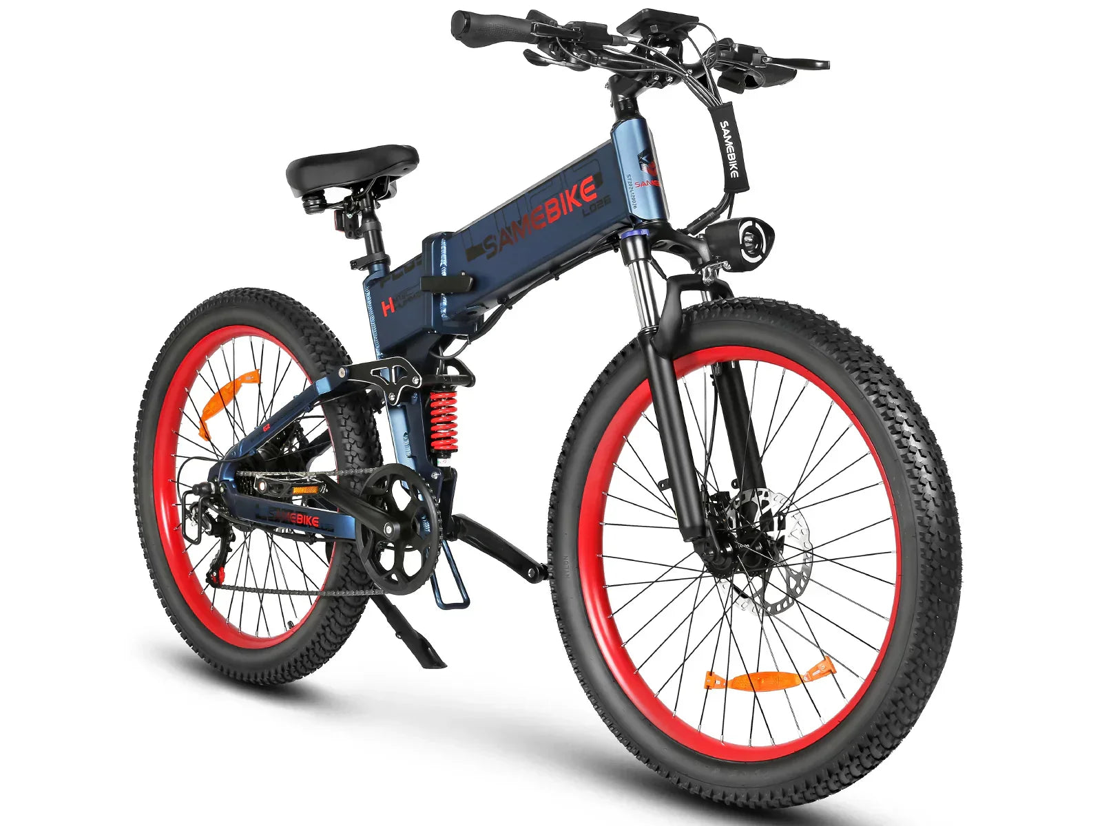 SAMEBIKE LO26-Plus Electric Bike with red wheels on a white background