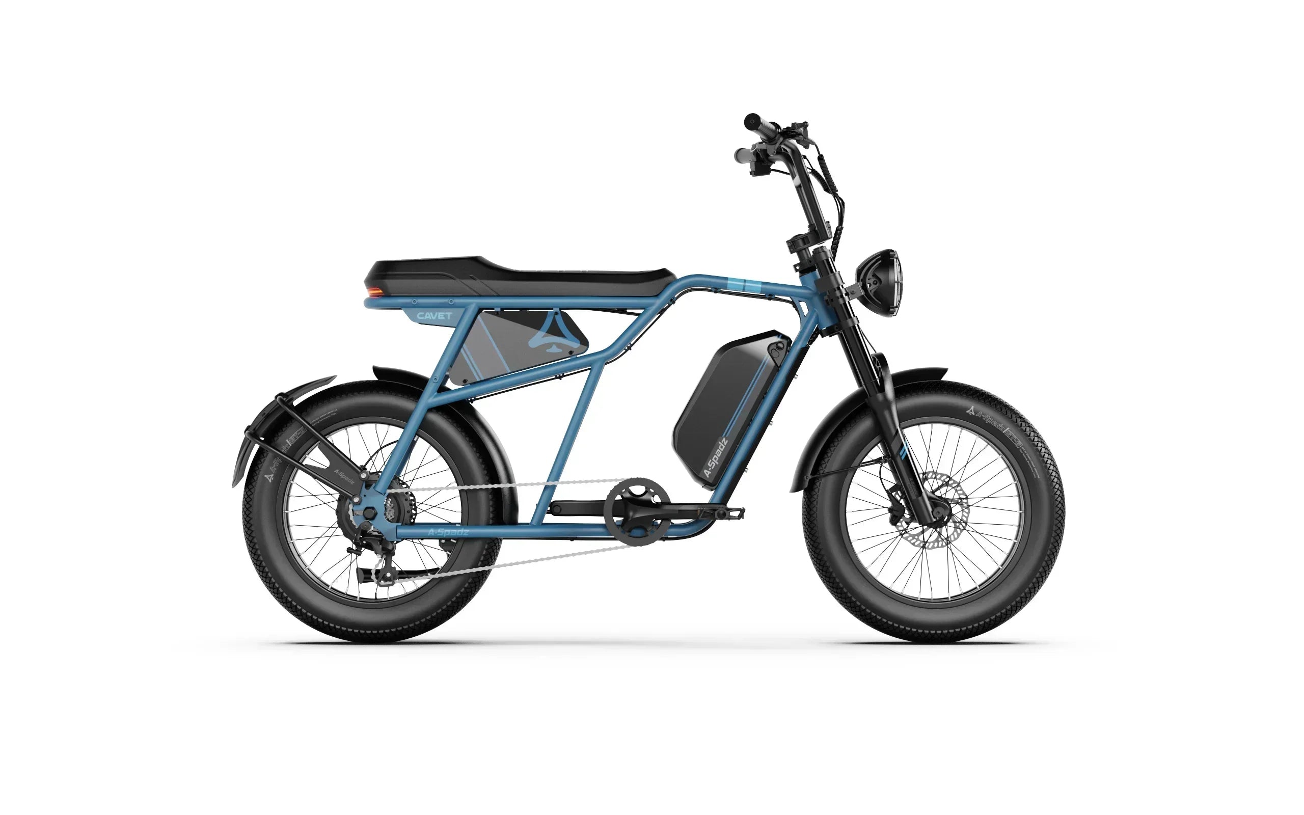Blue A-Spadz Cavet Air Electric Bike on a white background