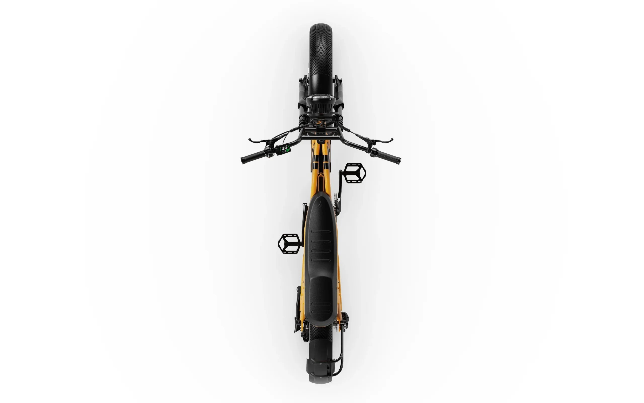 Top-down view of a A-Spadz Cavet Air Electric Bike - Yellow on a white background