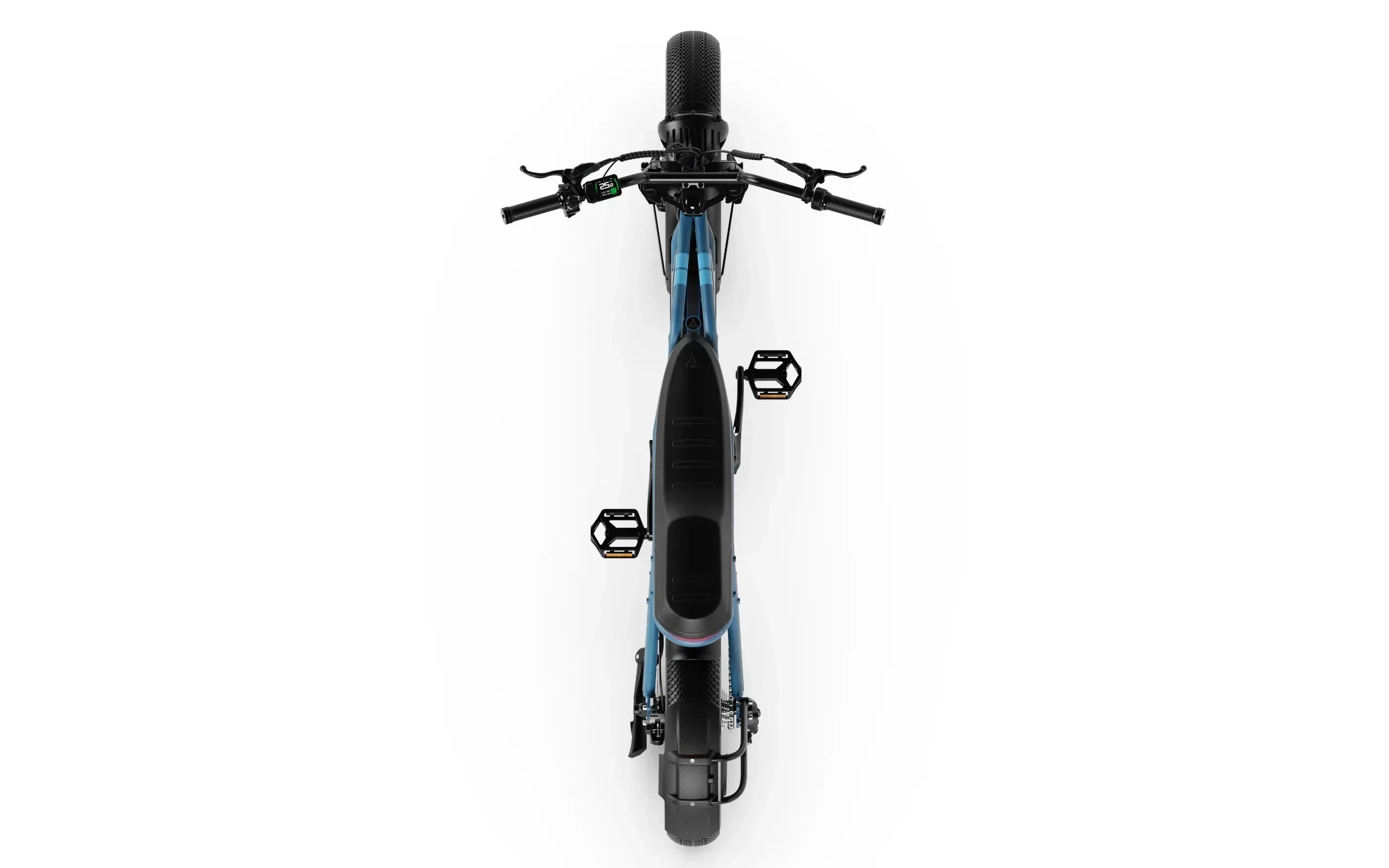 Top view of a black A-Spadz Cavet Air Electric Bike on a white background