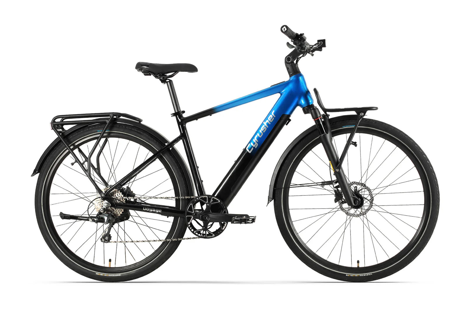 Cyrusher Voyage Trekking Electric Bike with black frame and blue accents on a white background