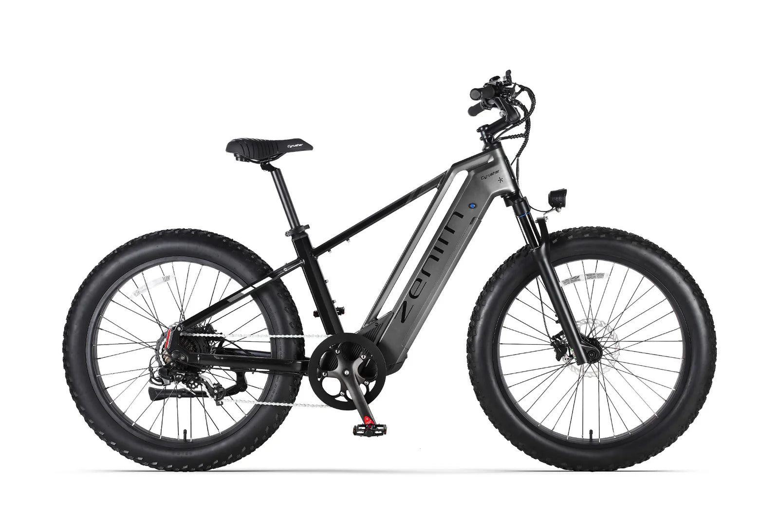 Cyrusher Zenith Electric bike with a black frame and large wheels on a white background