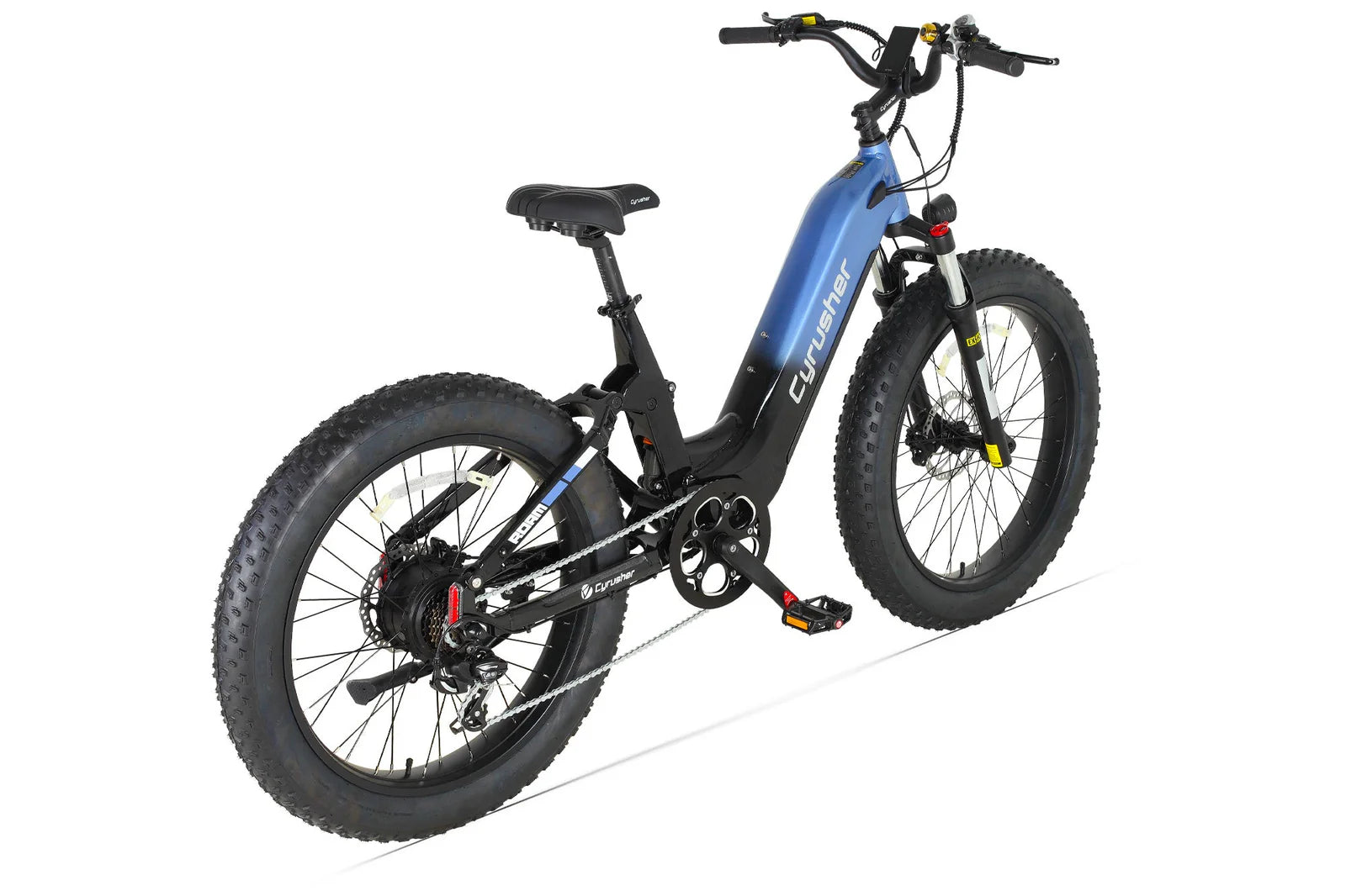 Cyrusher Roam Step-Thru Electric Bike with blue frame and black tires on a white background