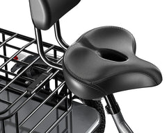 Black bicycle seat with a wire basket on a white background -Cysum T1 Pro Electric Tricycle