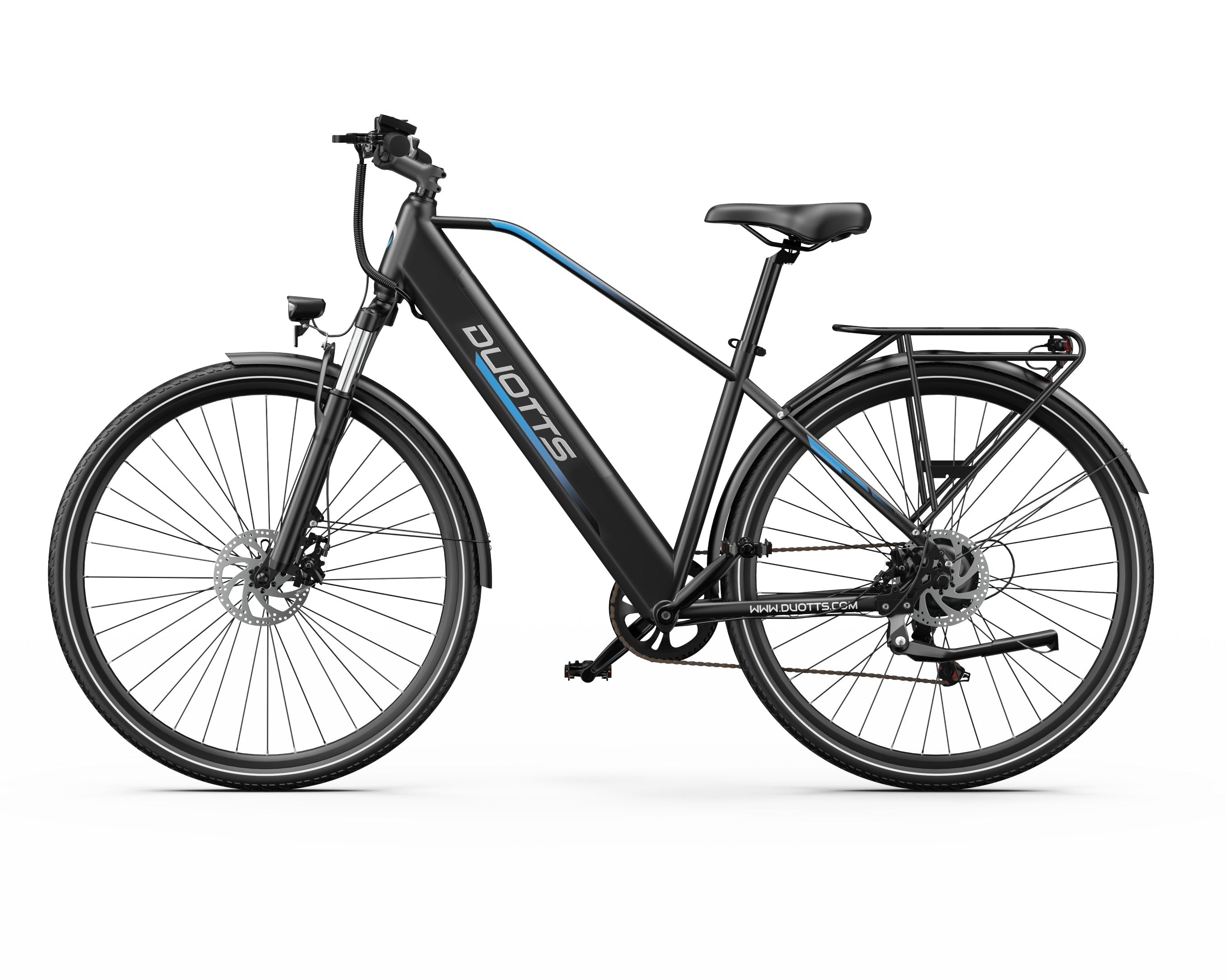 Black DUOTTS C29 Lite Electric Bikebicycle with blue branding on a white background