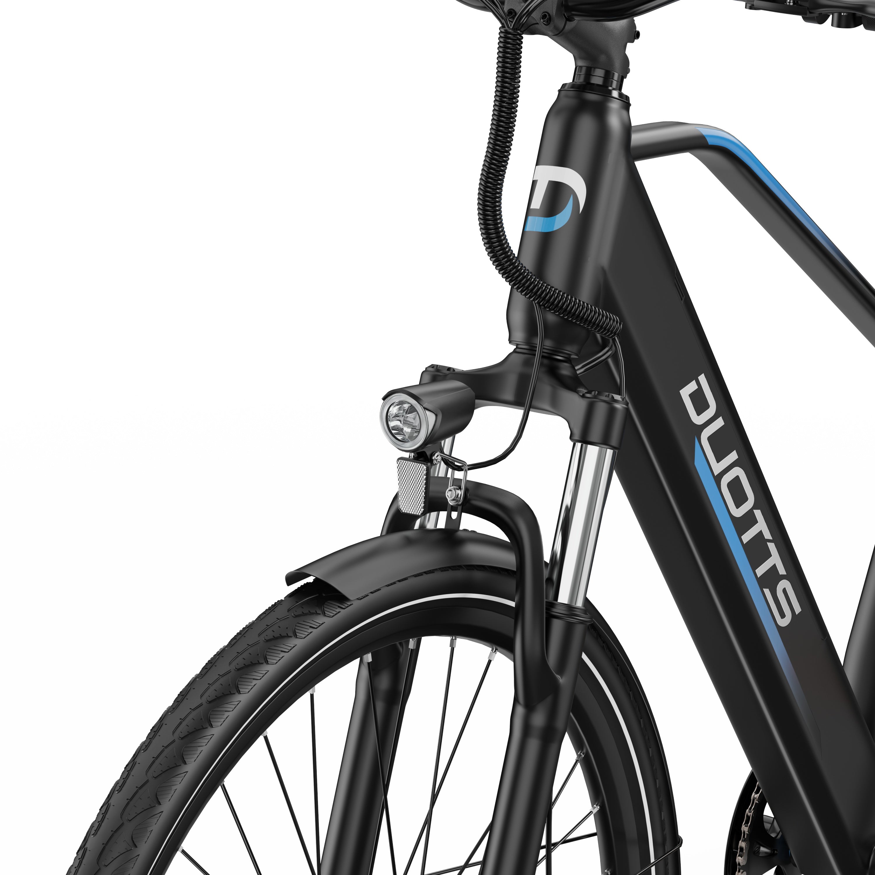 Close-up of a black DUOTTS C29 Lite Electric bicycle with 'Duotts' branding on a white background
