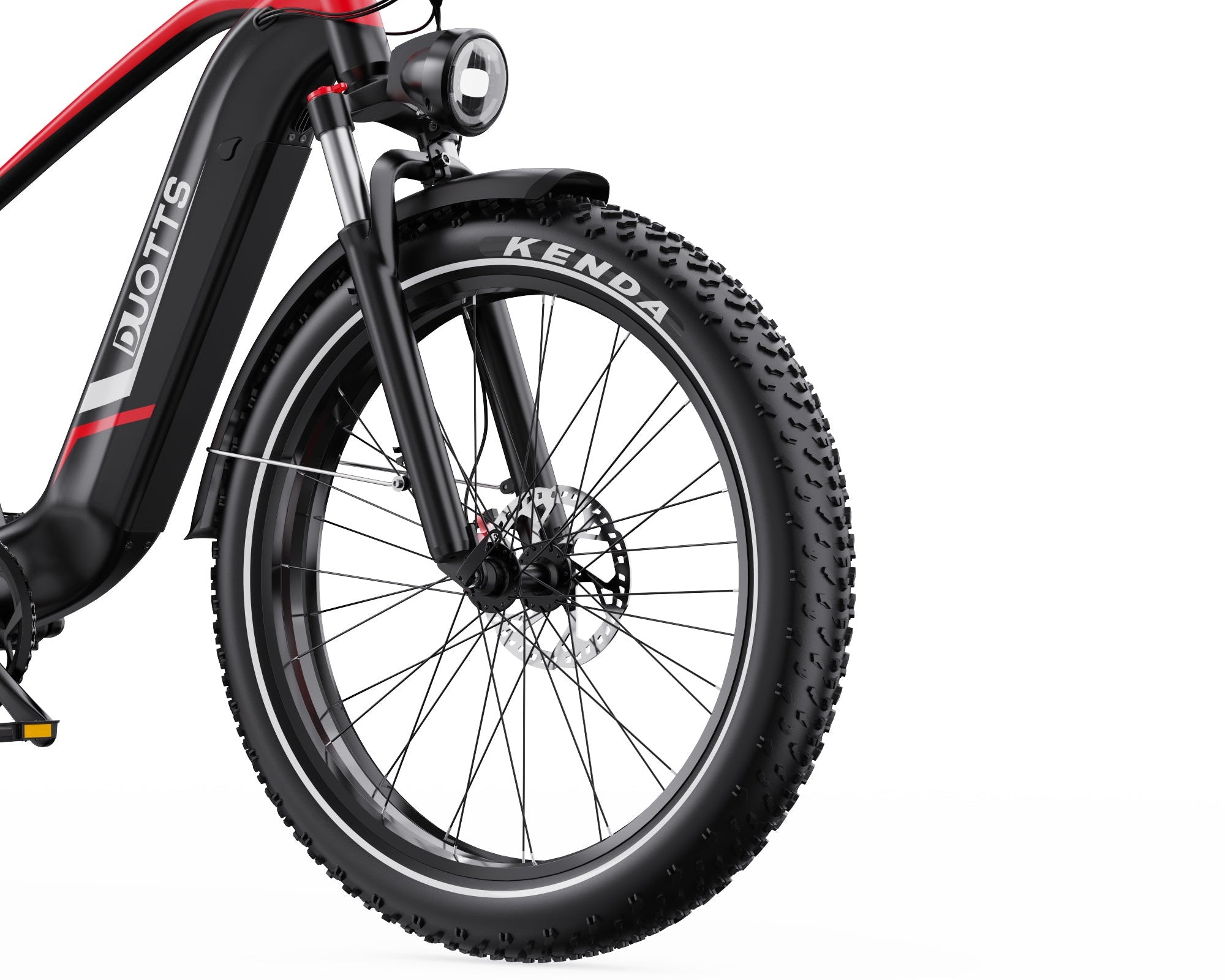Close-up of a DUOTTS F26 Lite Electric bicycle wheel with Kenda tire on a white background