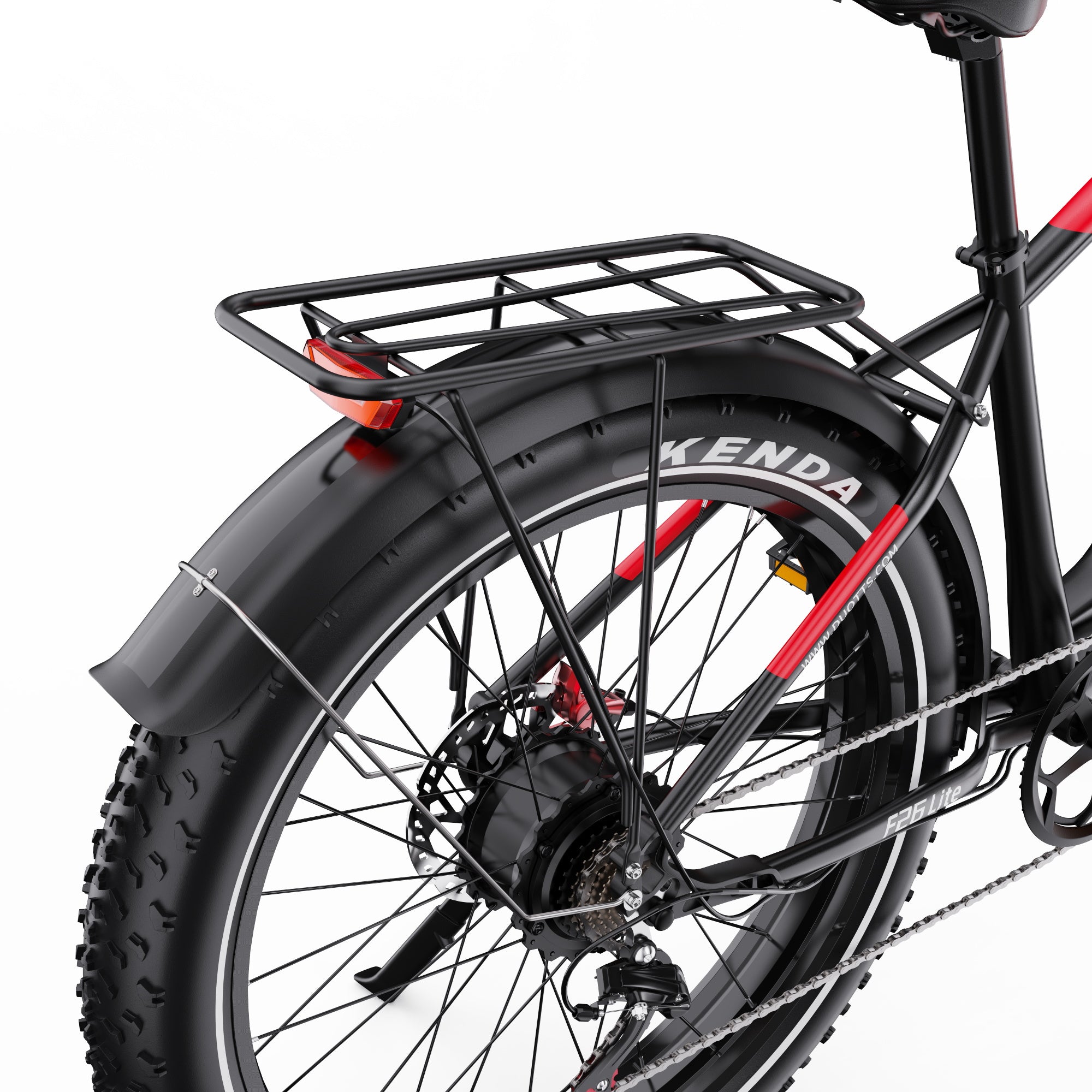 Close-up of a DUOTTS F26 Lite Electric bicycle wheel with Kenda tire on a white background