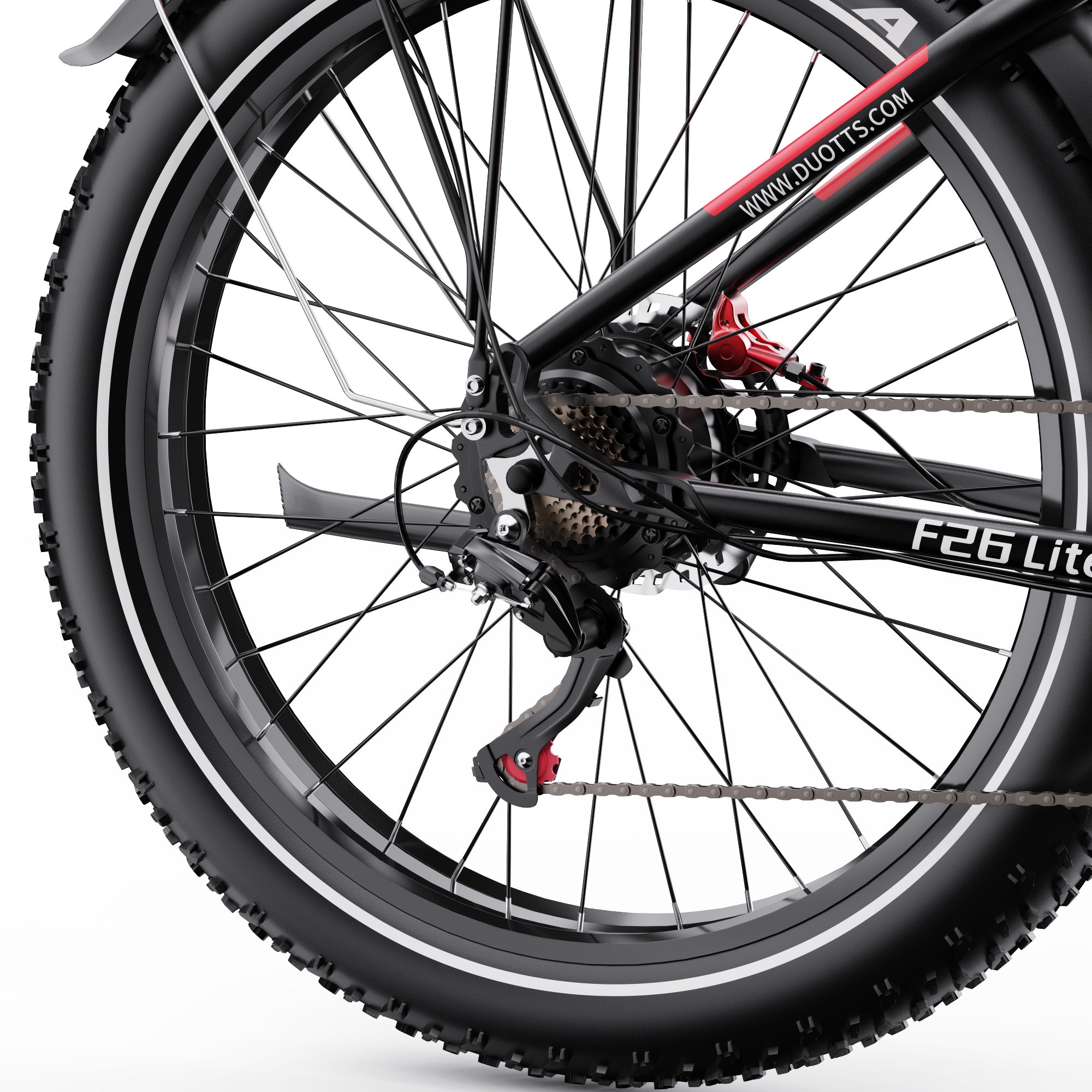 Close-up of a DUOTTS F26 Lite Electric bicycle wheel with visible branding on a white background