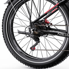 Close-up of a DUOTTS F26 Lite Electric bicycle wheel with visible branding on a white background
