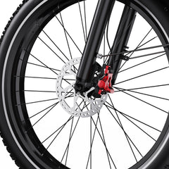 Close-up of a DUOTTS F26 Lite Electric bicycle wheel with disc brake system on a white background