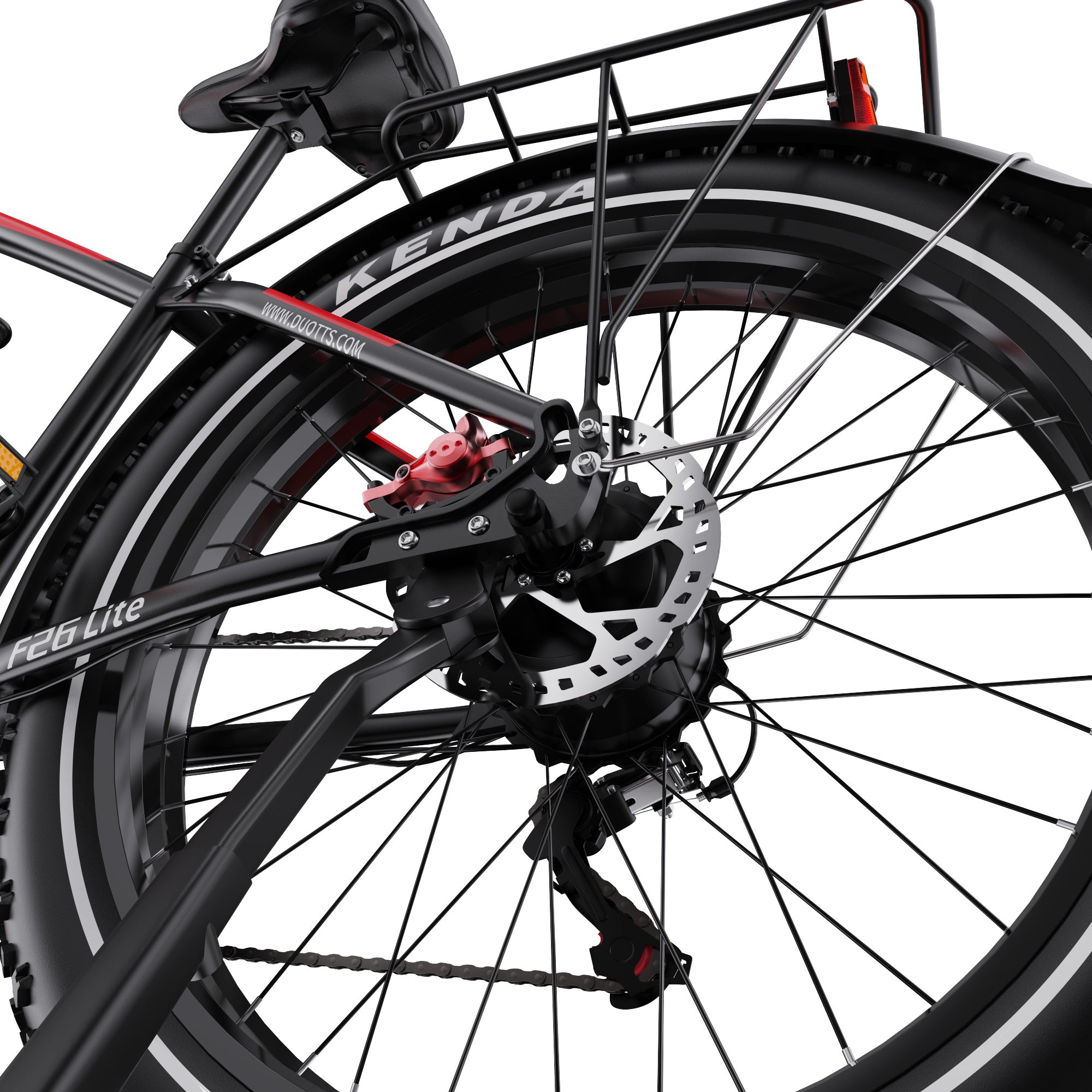 Close-up of a DUOTTS F26 Lite Electric bicycle wheel with Kenda tires on a white background