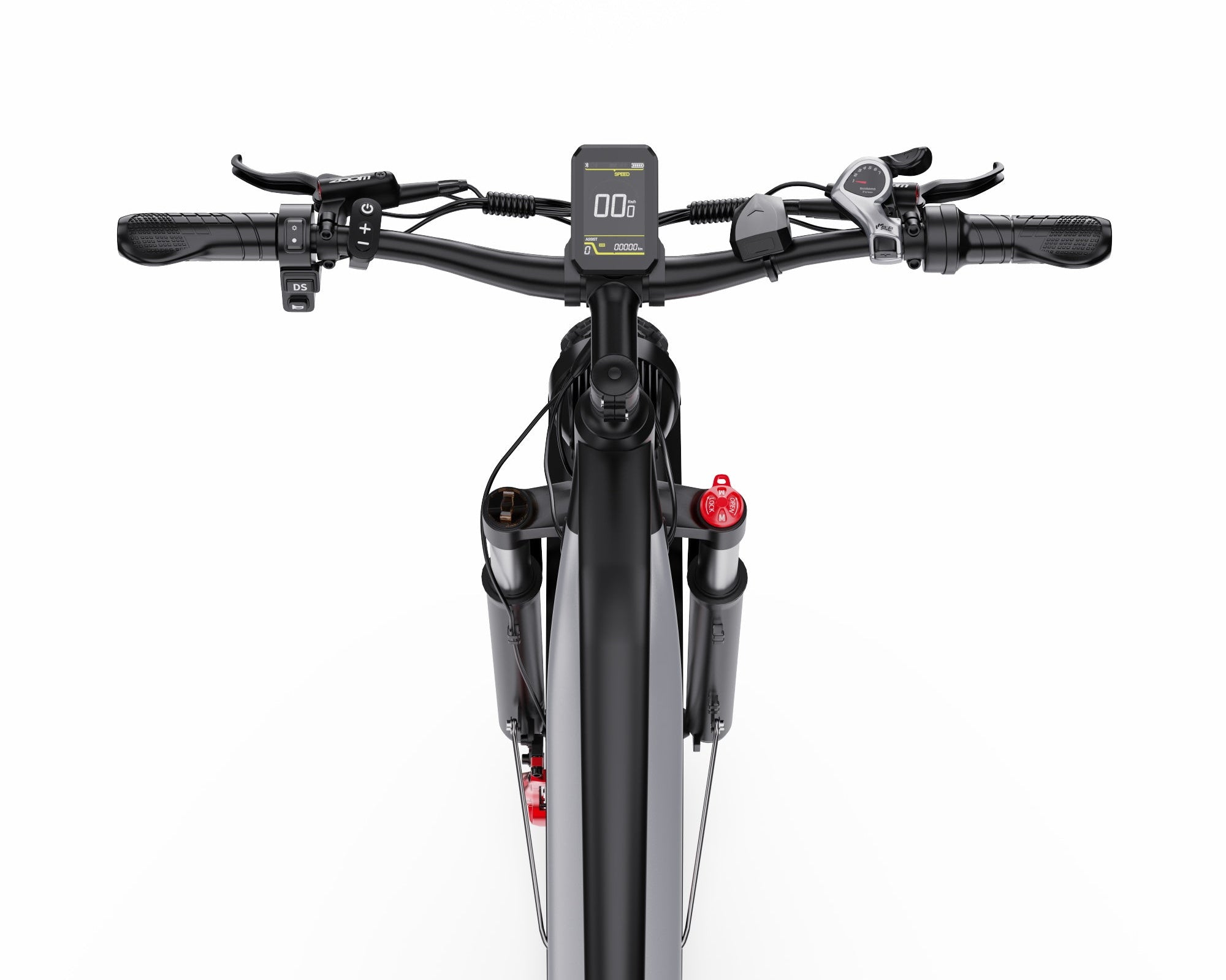 Close-up of a DUOTTS F26 Lite Electric Bike handlebar with a digital display on a white background