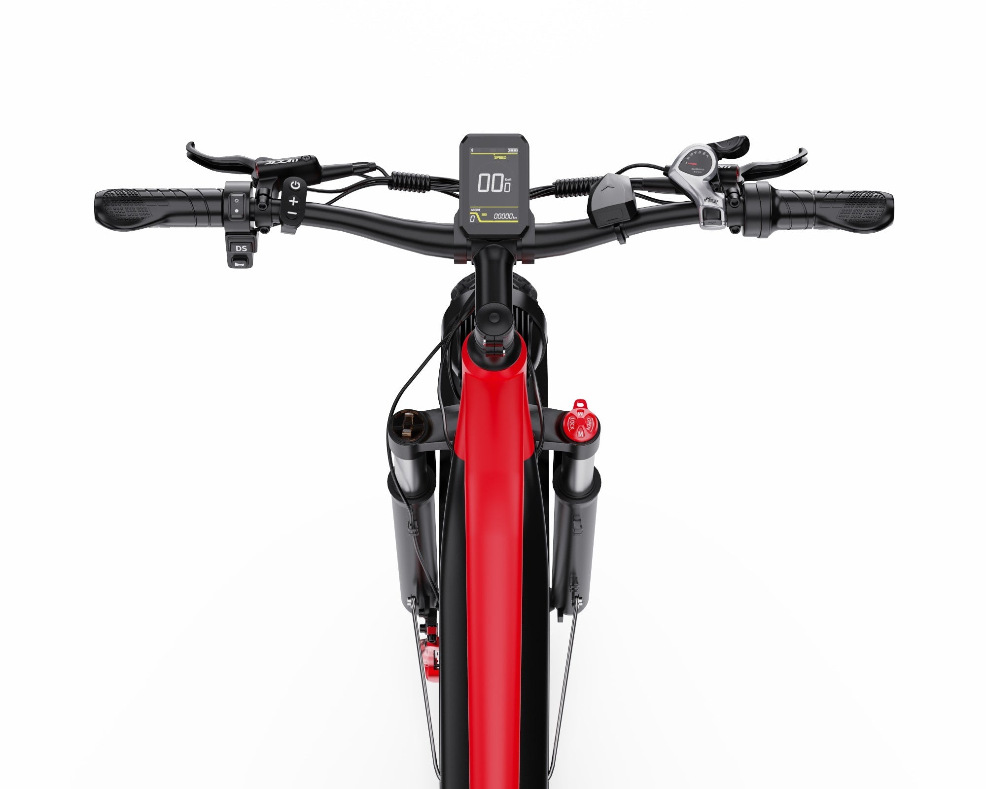 Red DUOTTS F26 Lite Electric Bike with black handlebars on a white background