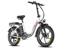 White Fafrees F20 Plus Folding Electric Bike with black seat on a white background - Pogo Cycles