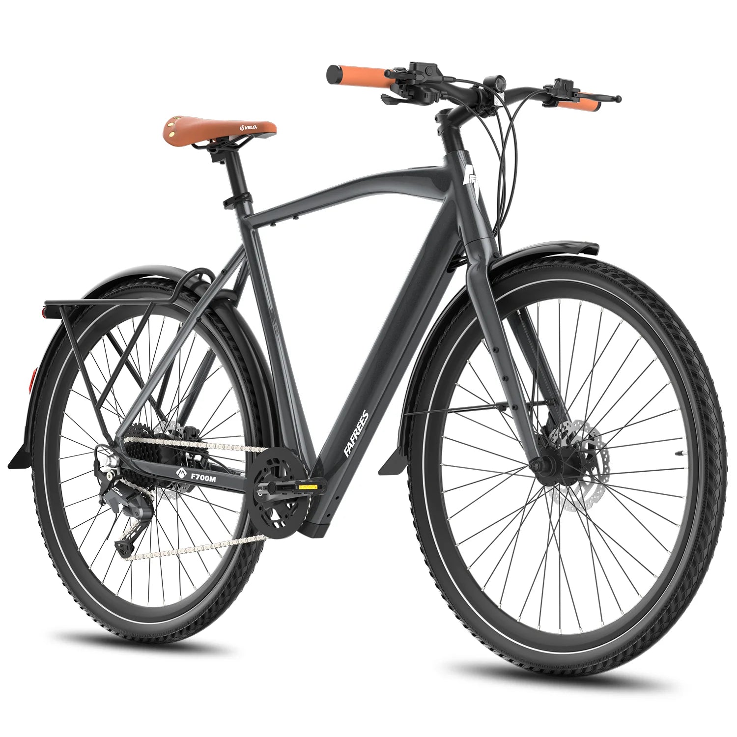 Gray Fafrees F700M Electric bicycle with orange handlebar grips on a white background