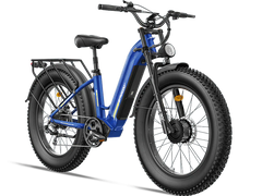 Freesky Ranger M-540 Dual-Motor Step-Thru Ebike in blue on a white background