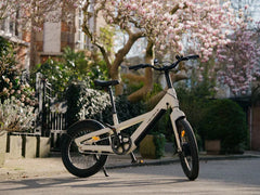 White Heybike EC Compact City Electric Bike parked on a street with cherry blossom trees in the background