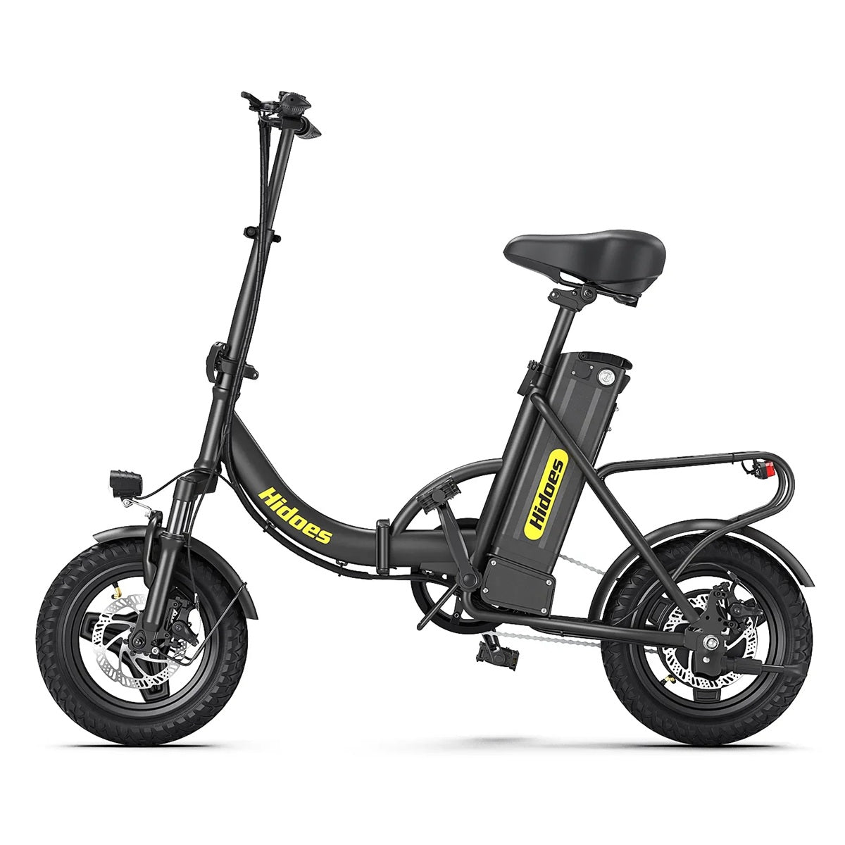 Black Hidoes C5 Folding Electric Bike with yellow branding on a white background