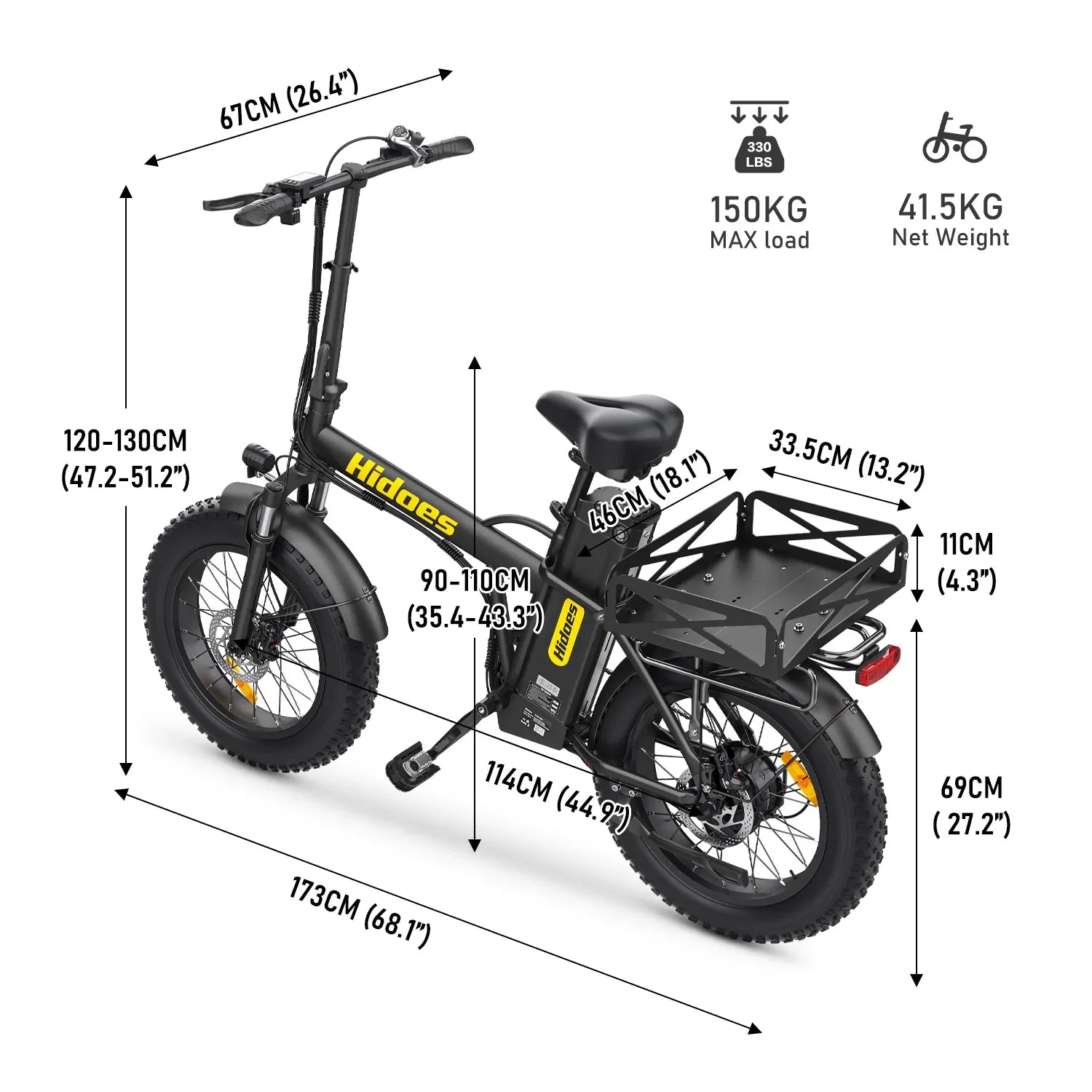 Hidoes F3 Pro Electric Bike with dimensions and specifications on a white background