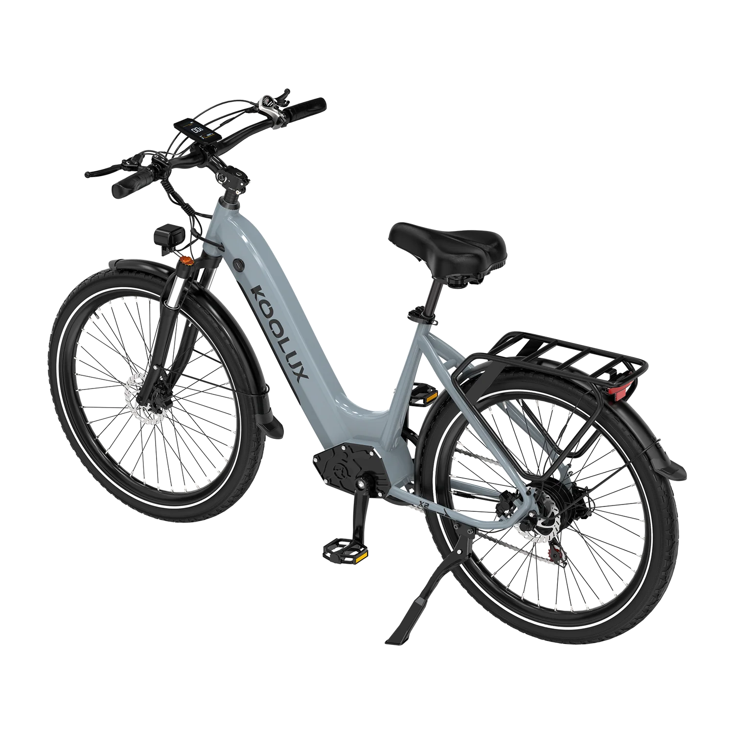 Gray KOOLUX X2 Step-Thru Electric bicycle with black seat and rear rack on a white background