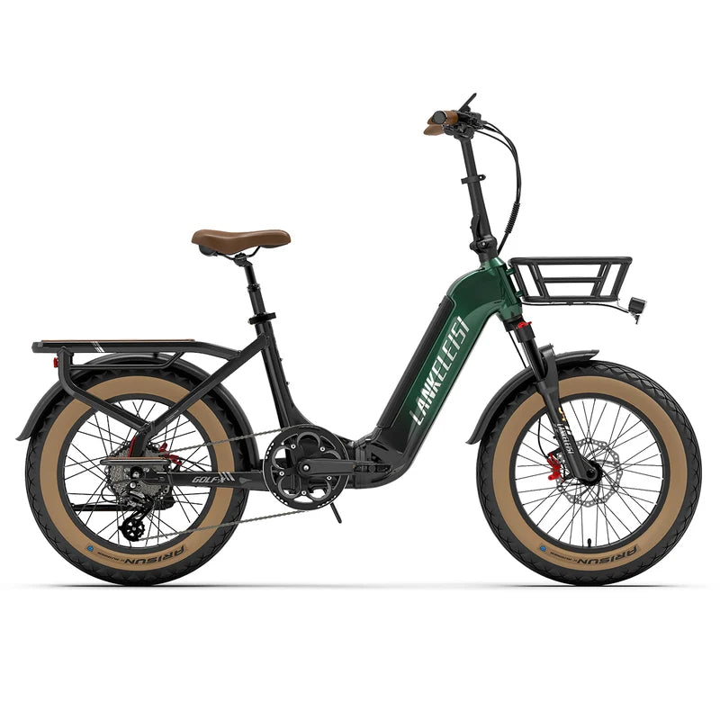 A side profile view of a LANKELEISI GOLF-X electric bicycle with a dark green frame, black components, brown saddle, and tan sidewall tires, set against a plain white background.