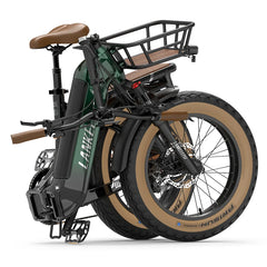 A folded LANKELEISI GOLF-X electric bicycle shown on a clean white background. The bike has a dark green frame with a large white 'LANKELEISI' logo, black metal components, brown saddle and handlebar grips, and tan sidewall tires with black tread.