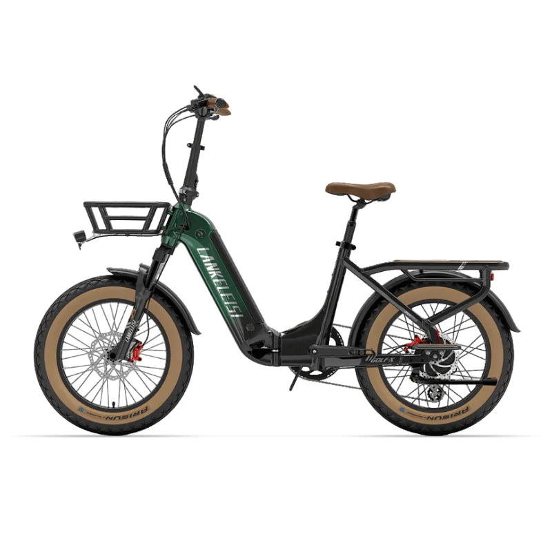 LANKELEISI GOLF-X Electric bike with a green frame and brown tires on a white background
