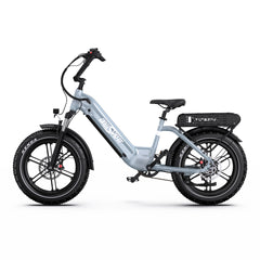 A step-through Onesport OT08 electric bicycle with fat tires, a light blue-gray frame, black components, and a rear cargo rack, shown in a side profile on a white background.