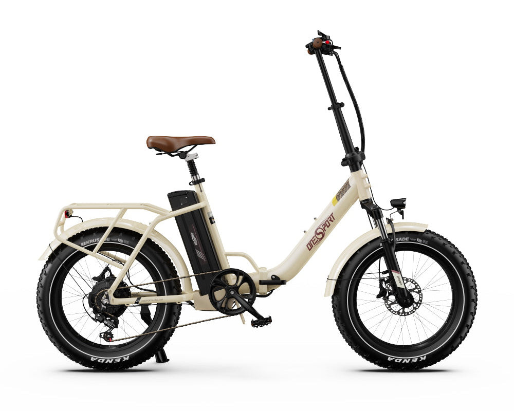 Beige Onesport OT16 MAX Folding Electric Bike with a brown seat on a white background