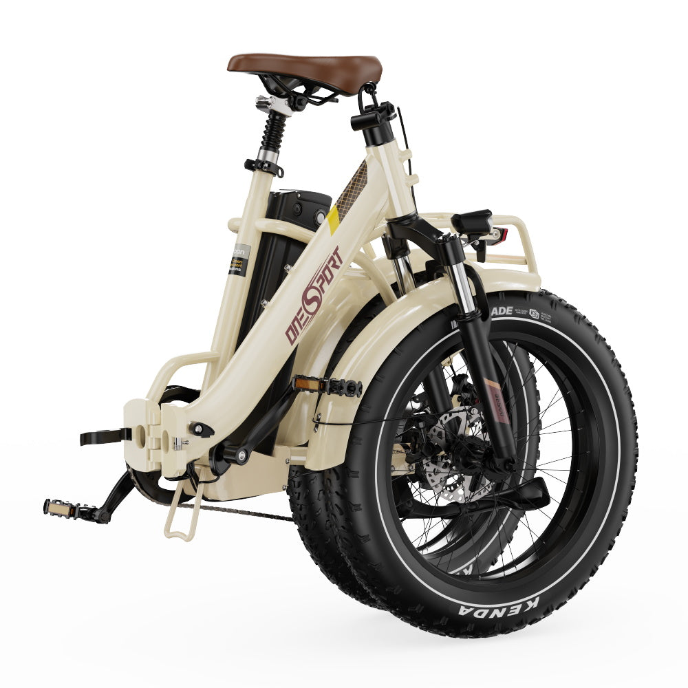 Folded Beige Onesport OT16 MAX Folding Electric Bike with brown seat on a white background - Pogo Cycles, Ireland