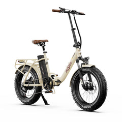 Beige Onesport OT16 MAX Folding Electric Bike with Kenda tires on a white background