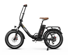 Black Onesport OT16 MAX Folding Electric Bike with brown seat on a white background - Pogo Cycles, Ireland