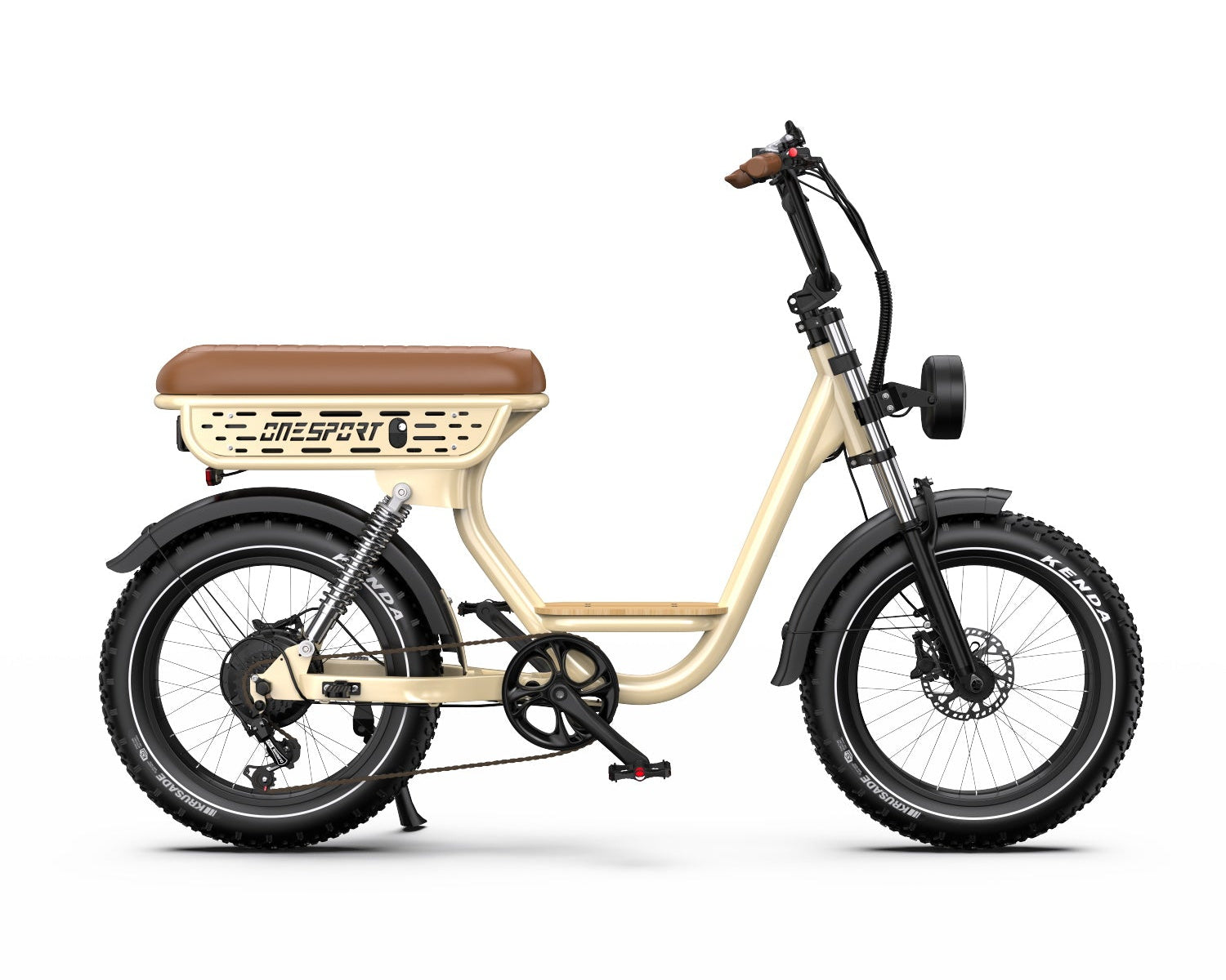 Beige Onesport W77 Electric Bike with a brown seat on a white background