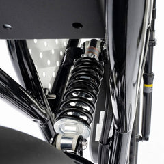 Close-up of a Ridstar Q20 Mini Electric motorcycle suspension system on a white background