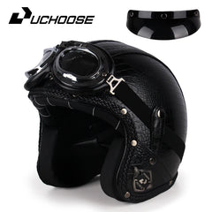 UCHOOSE Retro Motorcycle Helmet PU Leather Open Face 3/4 Chopper Bicycle Helmets Classic Casco Moto Vintage