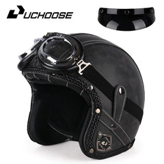 UCHOOSE Retro Motorcycle Helmet PU Leather Open Face 3/4 Chopper Bicycle Helmets Classic Casco Moto Vintage