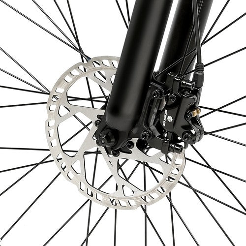Close-up of a SAMEBIKE LO26-Plus Electric Bike wheel with disc brake system on a white background