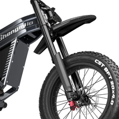 Close-up of a black electric bike with CST tire on a white background