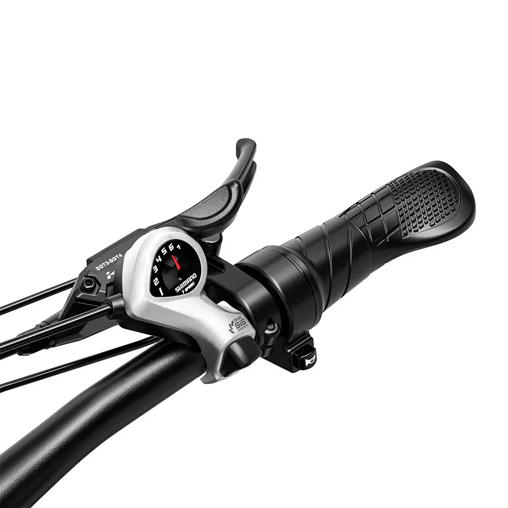 Close-up of a motorcycle handlebar with controls on a white background