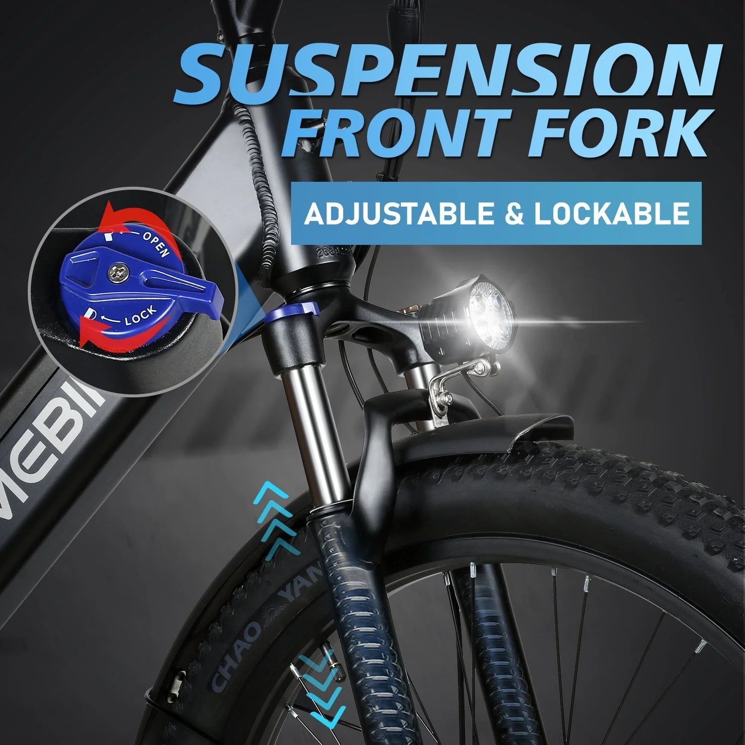 Samebike RS-A01 Plus Electric Bicycle suspension front fork with adjustable and lockable feature, brand 'Neebi' visible.