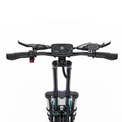 Close-up of a scooter handlebar with digital display on a white background