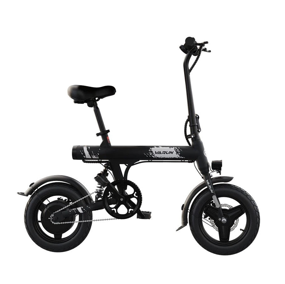 Black VARUN C14-1 Compact Folding Electric Bike with 'VARUN' branding on a white background