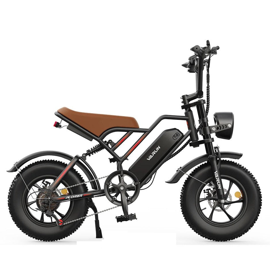 Black Varun PLORER All-Terrain Electric Bike with a brown seat on a white background