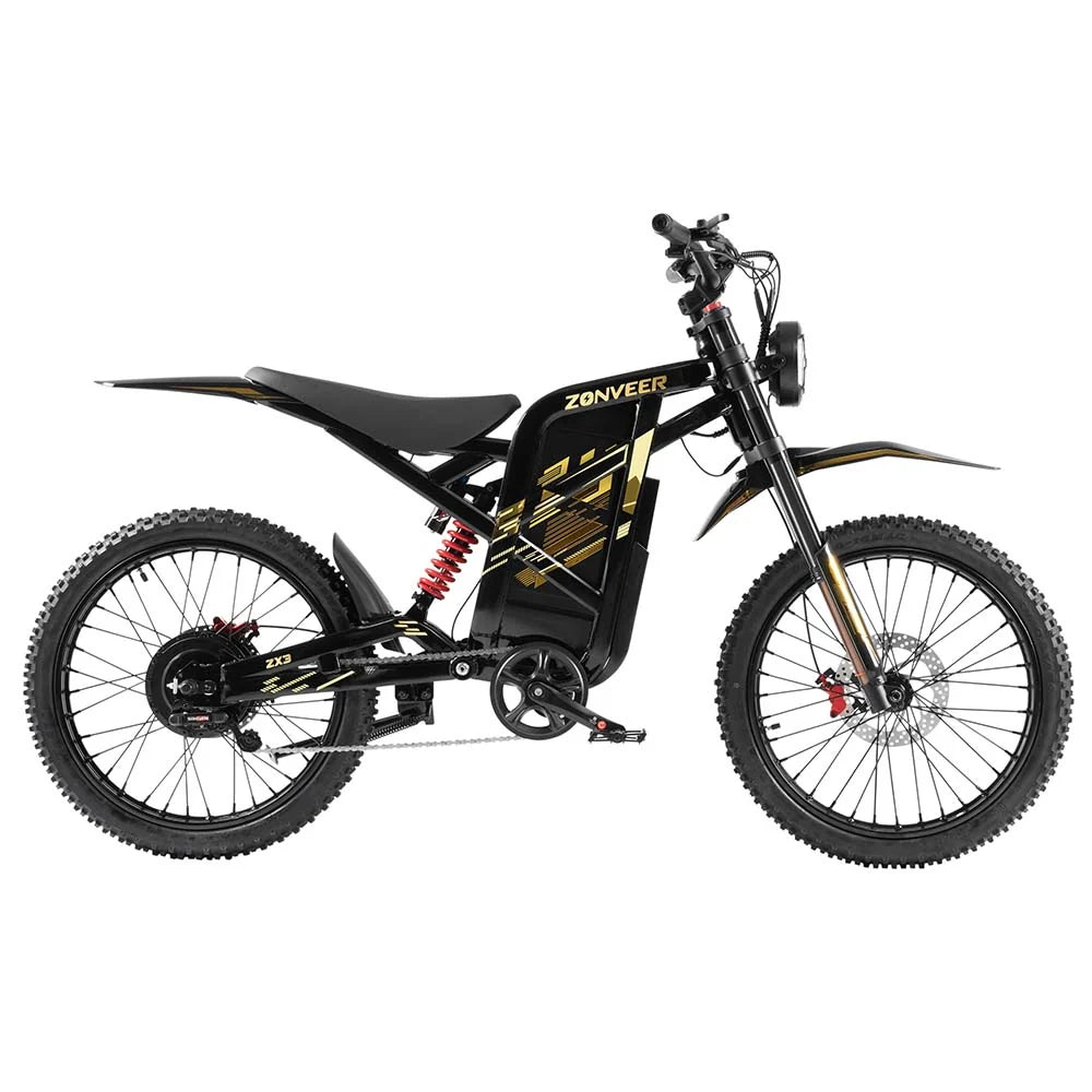 Zonveer ZX3 Electric Dirt Bike in black with gold accents on a white background, featuring the brand 'Zonveer'.