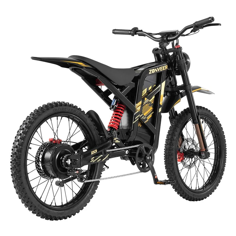 Black Zonveer ZX3 Electric Dirt Bike with red suspension forks on a white background