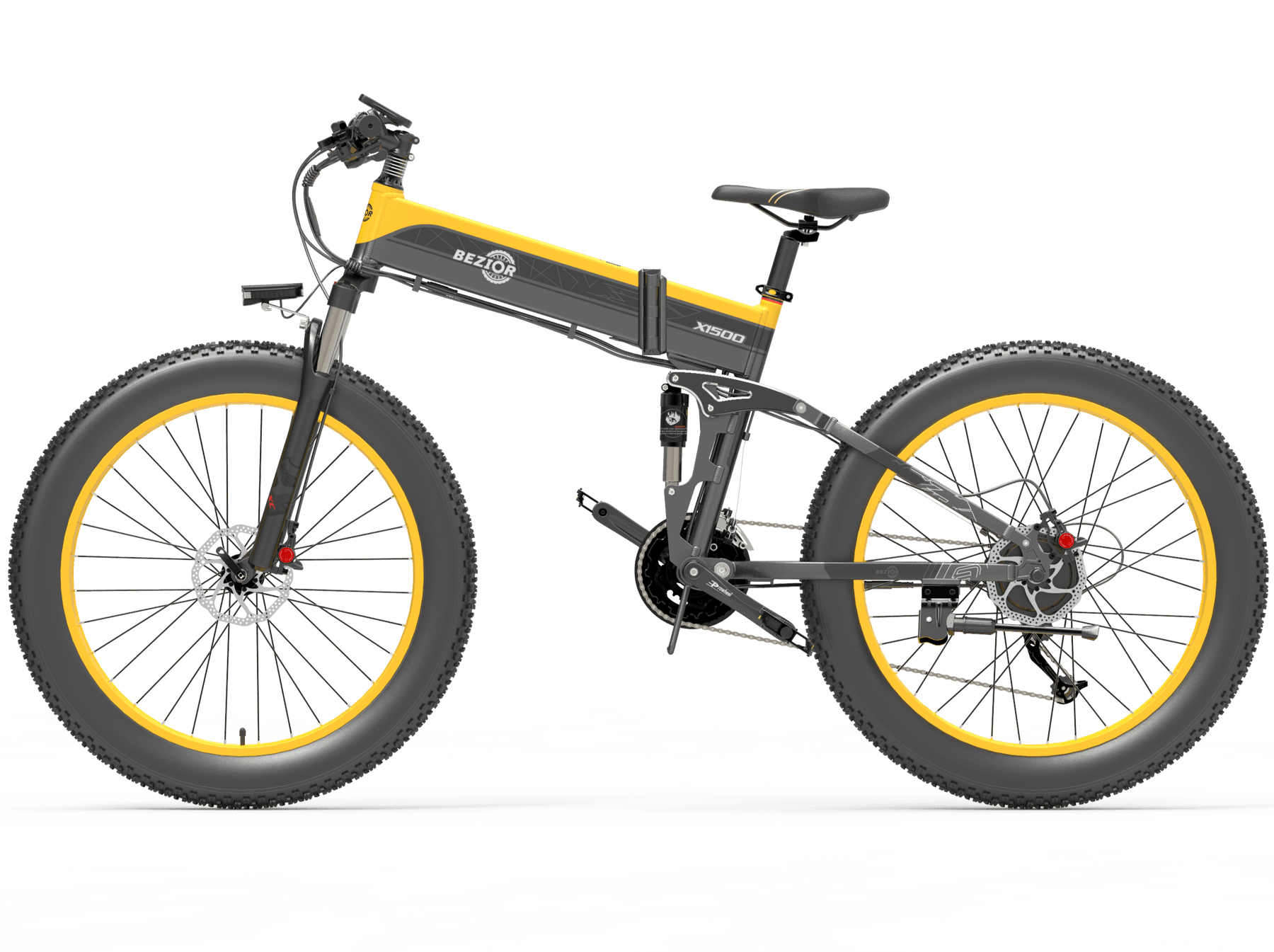 Bezior X1500 mountain electric bike in yellow and black, side view