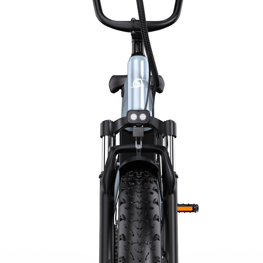 Close-up of a Onesport OT08 bicycle's front suspension fork on a white background