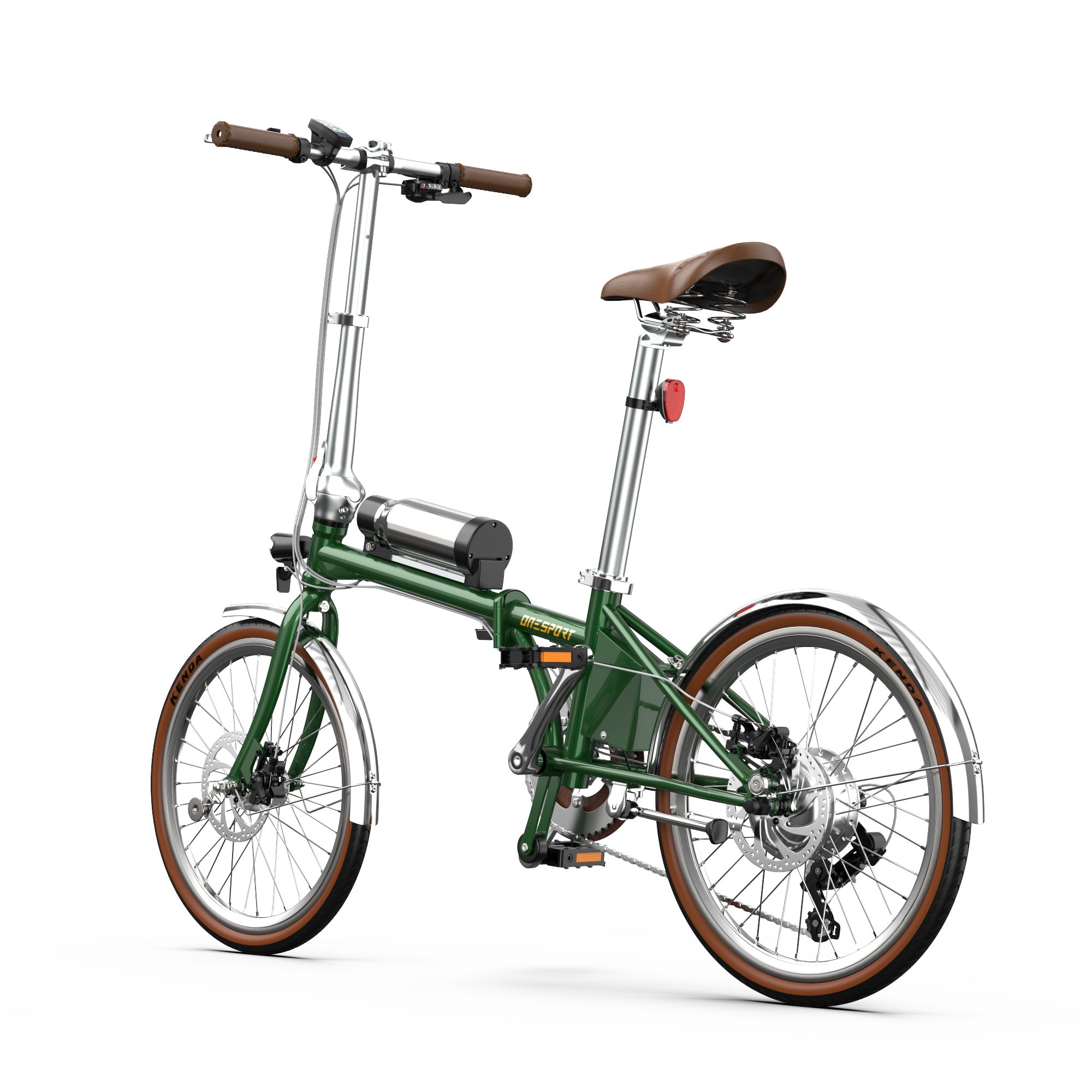 Green Onesport OT02 Pro folding bicycle on a white background